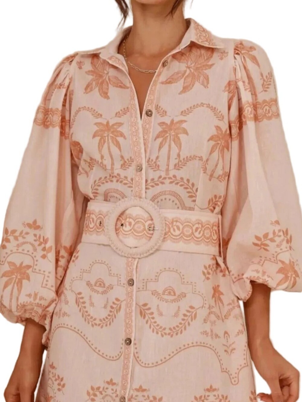 Palm Beach Belted Waist Button Down Baloon Long Sleeve Boho Mini Shirt Dress - Picture 3 of 10
